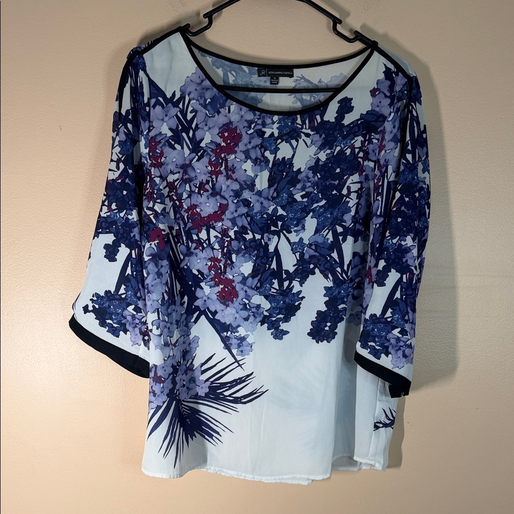 Adrianna Papell White Blouse with Blue and Purple Floral Print